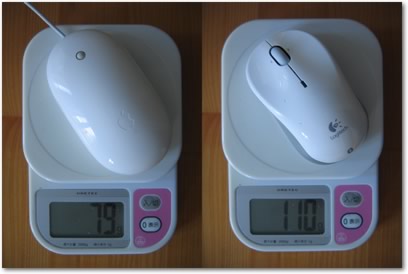 [写真]重さ比較 (Mighty Mouse vs. V470)